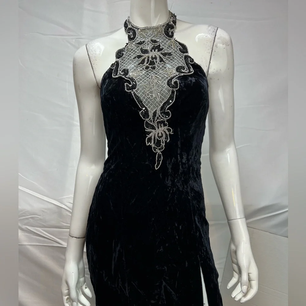 Zum Zum Vintage Black Velvet 90s Sequins Silver Beaded Halter Long 5-6 Dress XS - Picture 5 of 6
